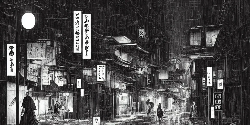 Prompt: feudal japan tokyo street at night, street level, cinematic lighting, 4k, trending on artstation, low key, intricate illustration, digital art, ultra detailed, art by albert bierstadt