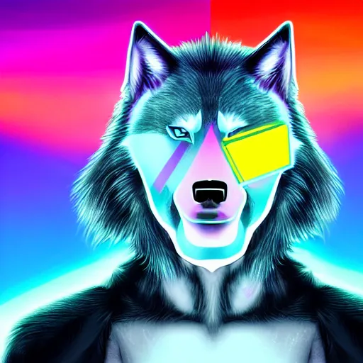 Image similar to portrait of a male humanoid cartoonish wolf with white snout, blue head and light yellow hair looking to the side, synthwave style