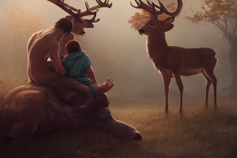 Image similar to a boy meeting a deer god, by WLOP on artstation,