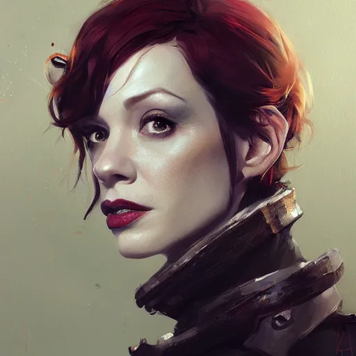 Prompt: portrait of christina hendricks, half life 2, dishonored 2, painted by greg rutkowski, painted by stanley artgerm, painted by igor kieryluk, digital art, promotional art, trending on artstation