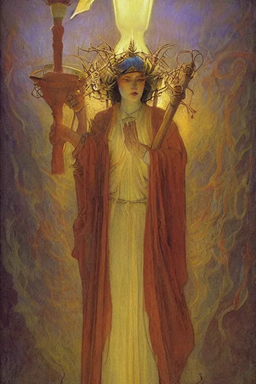 Image similar to queen of the fog with her lantern by Annie Swynnerton and Nicholas Roerich and jean delville, strong dramatic cinematic lighting , ornate headdress , flowing robes, lost civilizations, smooth, sharp focus, extremely detailed