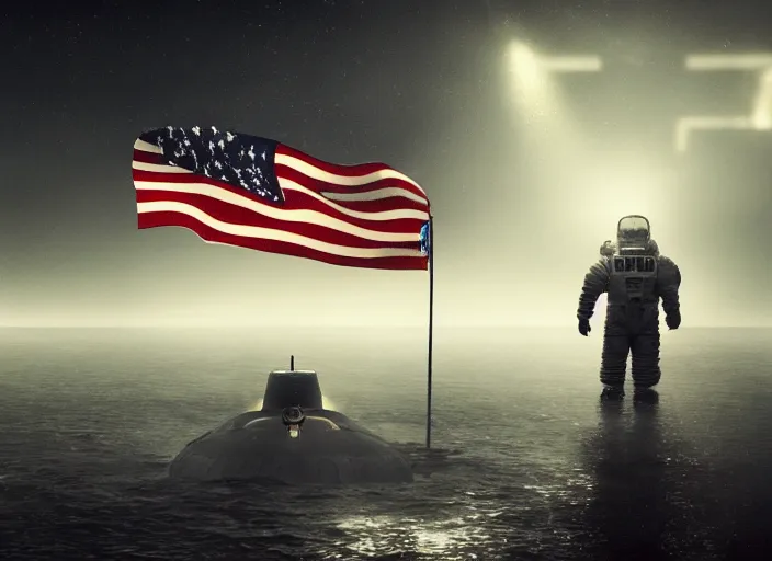 Image similar to astronaut holding a flag in an underwater desert. a submarine is visible in the distance. dark, concept art, cinematic, dramatic, atmospheric, 8 k, trending on artstation, blue, fish, low visibility, fog, ocean floor, christopher nolan, interstellar