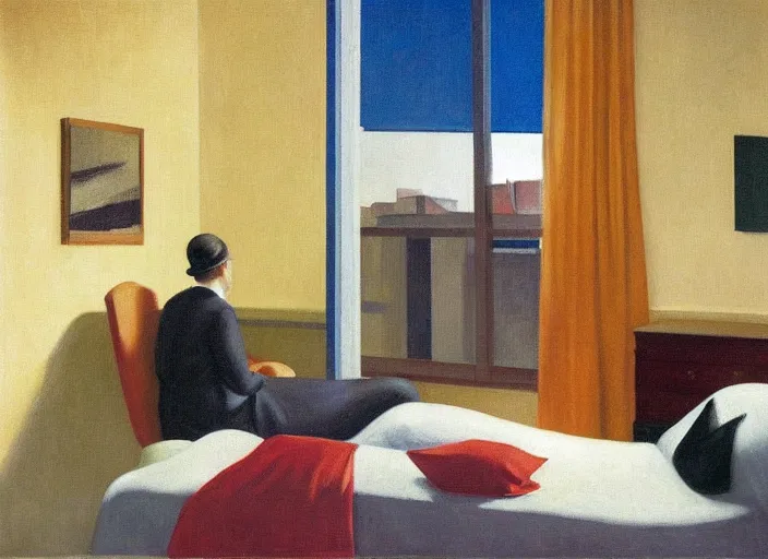 Image similar to two people in a hotel room in afternoon light, open ceiling, oil painting by edward hopper and rene magritte