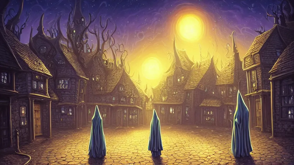 Image similar to lady dressed in long hooded cloak walks in empty lovecraftian town square surrounded by houses and inns. cthulhu statue. lovecraftian city at night by cyril rolando and naomi okubo and dan mumford and ricardo bofill. lovecraft. cobbled streets. oil lamp posts. lovecraftian. starry night swirly sky.