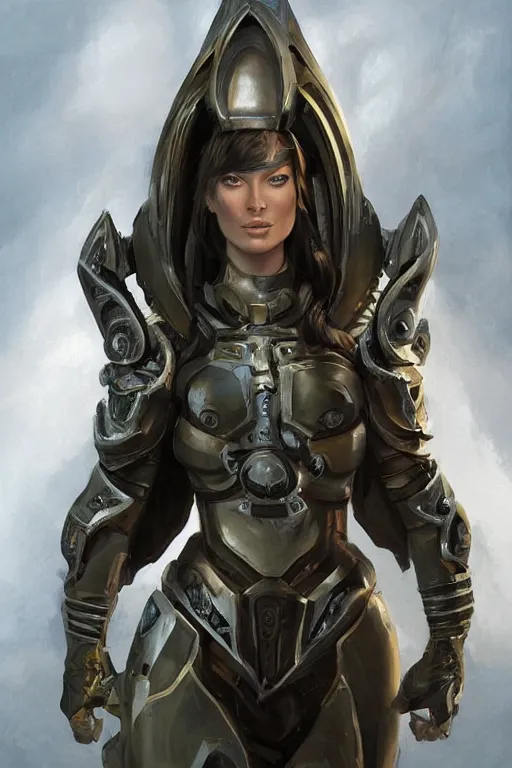 Image similar to a professional painting of a young Olivia Wilde, clothes in military armor, olive skin, long dark hair, beautiful bone structure, symmetrical facial features, intricate, elegant, digital painting, concept art, smooth, sharp focus, illustration, from StarCraft by Ruan Jia and Mandy Jurgens and Artgerm and William-Adolphe Bouguerea