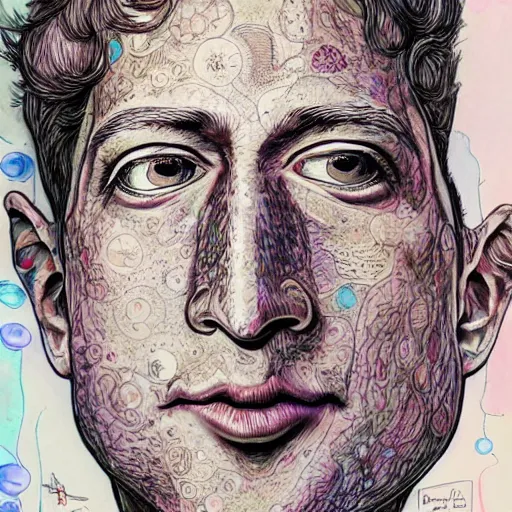 Image similar to the inner self of mark zuckerberg, psychedelic, lsd, epic beautifully detailed pen, ink and copic markers drawing by milo manara