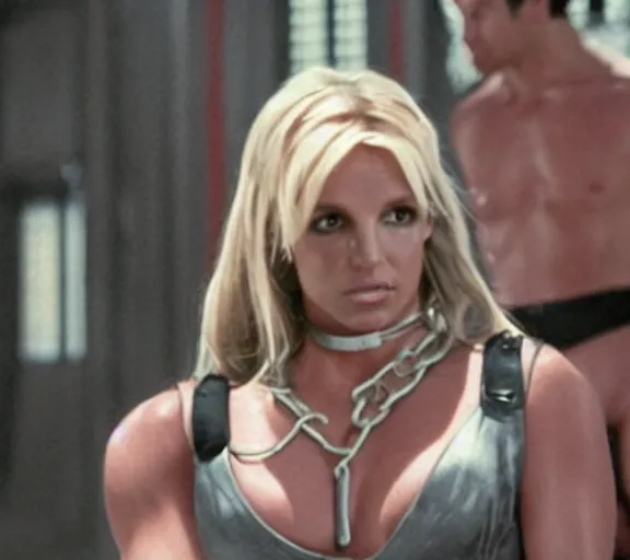 Image similar to a movie still of britney spears as a chained up prisoner in the movie star wars