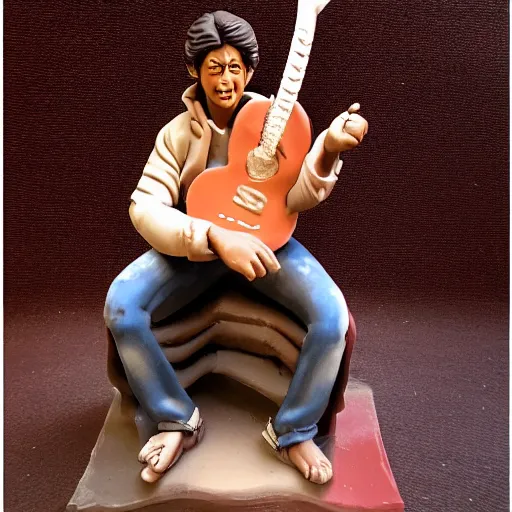 Prompt: Clay model of Shah Rukh Khan playing guitar, 100mm, candle lightning, industrial colours, extremely detailed