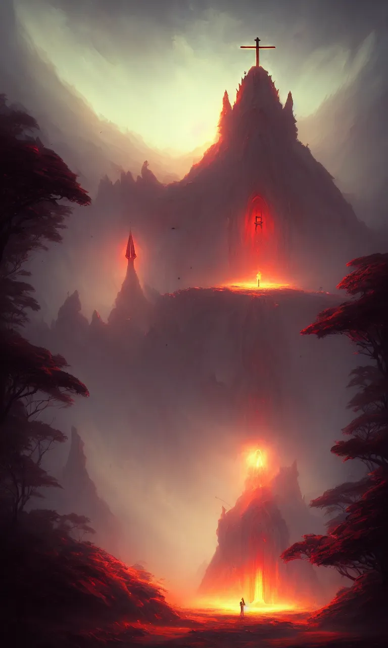 Prompt: UFO landing demonic shrine, concept art, low angle, high detail, warm lighting, volumetric, godrays, vivid, beautiful, trending on artstation, by Jordan grimmer, huge scene, grass, art greg rutkowski