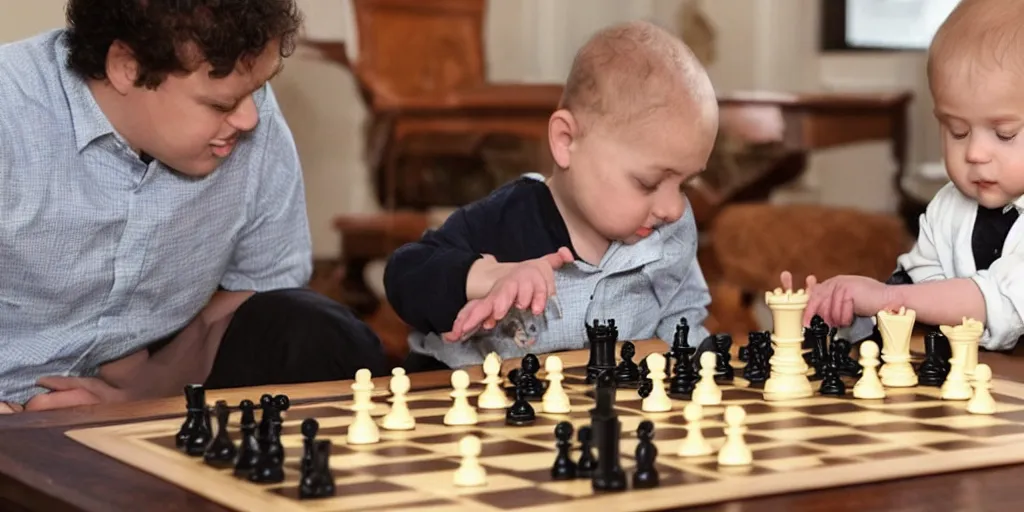 Image similar to a very smart baby playing chess with professor Albert Einstein