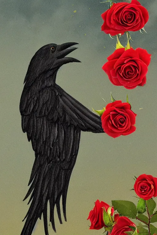 Prompt: crow's feather falling from the sky, roses climb up the crucifix, graveyard in the darkness - w 9 6 0