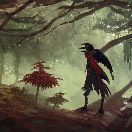 Image similar to concept art painting of an anthropomorphic humanoid crow, with steampunk clothes, in the deep forest, realistic, detailed, cel shaded, in the style of makoto shinkai and greg rutkowski and james gurney