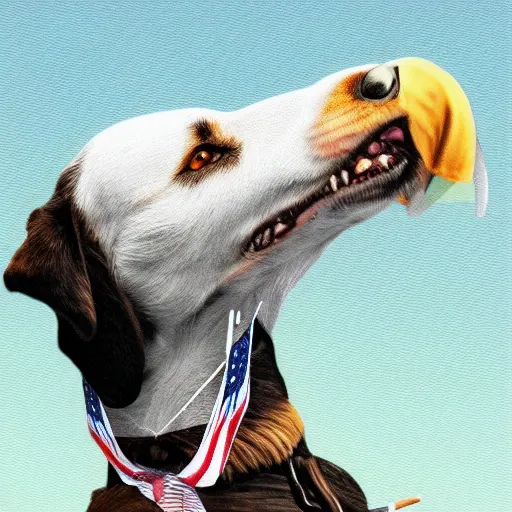 Image similar to a photo of a dog on top of a bald eagle,trident, photorealistic, highly detailed, patriotic, trending on artstation