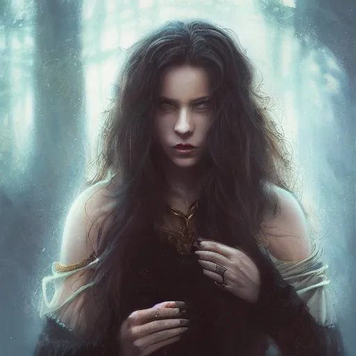 Image similar to majestic gracious regal aristocratic brunette female vampire portrait, atmospheric lighting, painted, menacing, intricate, volumetric lighting, beautiful, rich deep colours masterpiece, golden hour, sharp focus, ultra detailed, by leesha hannigan, ross tran, thierry doizon, kai carpenter, ignacio fernandez rios