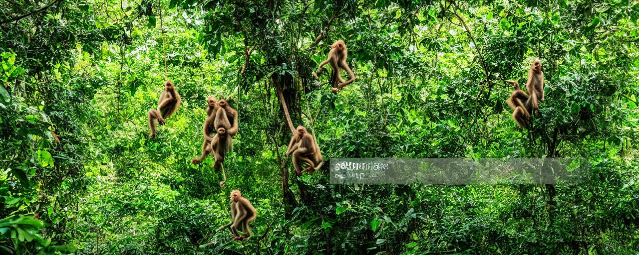 Image similar to a family of monkeys swing through the trees in a beautiful jungle landscape bordered by vines, backlit