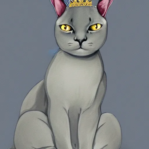 Image similar to gray burmese cat wearing royal crown and robes sitting on thrown, artstation, fantasy