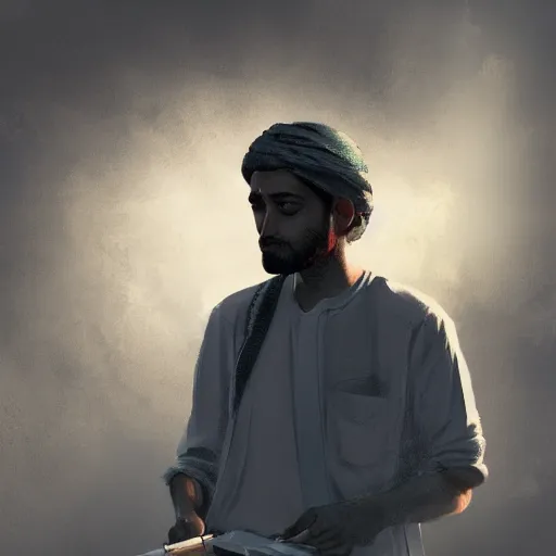 Prompt: saudi arab man standing with cigarettes in his hand digital art in the style of greg rutkowski and craig mullins, 4 k
