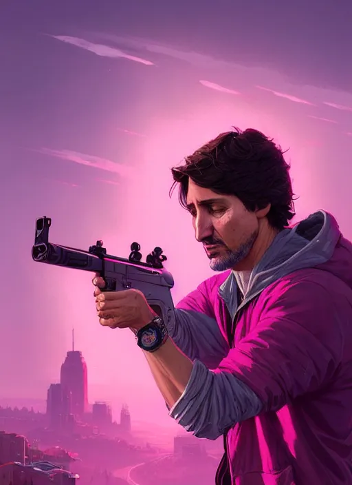 Image similar to highly detailed portrait justin trudeau in ( ( fuschia hoody ) ) holding ar - 1 5! in gta v stephen bliss unreal engine fantasy art by greg rutkowski loish rhads ferdinand knab makoto shinkai lois van baarle ilya kuvshinov rossdraws tom bagshaw global illumination radiant light detailed intricate environment