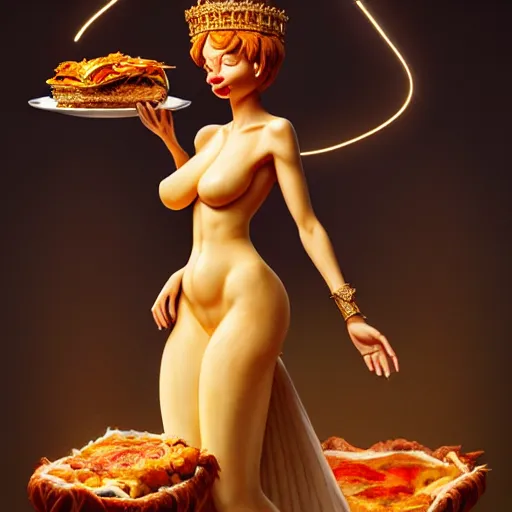 Image similar to fullbody!! personification of garfield the cat as a goddess holding lasagna, stunning, hyperrealistic, trending on artstation, smooth and sharp, intricate, fine details, elegant, religious, dynamic pose, radiant light, detailed and intricate environment, professional character concept art by tatyana kupriyanova and greg rutkowski and raymond swanland
