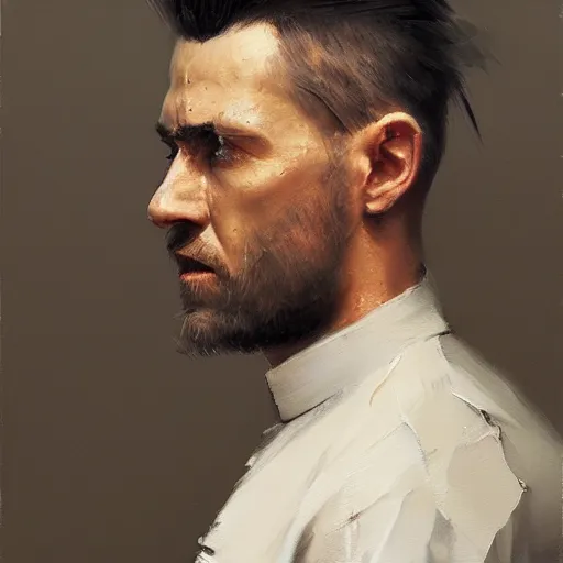 Image similar to A detailed oil painting of a priest in his thirties, sharp and angular face, dirty blonde hair reaching the shoulders, by Greg Rutkowski, trending on artstation