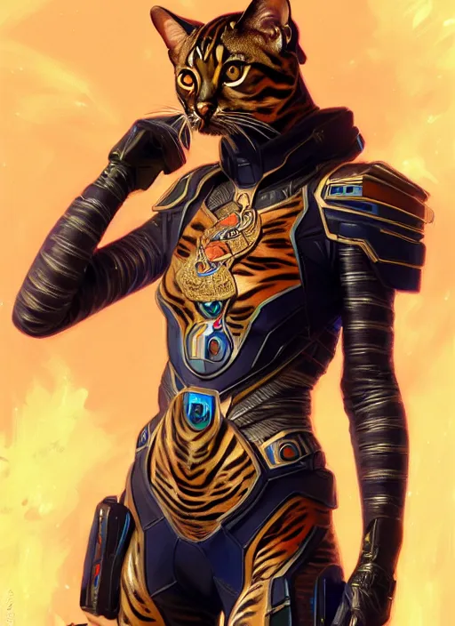 Prompt: full body portrait of a bengal cat in scifi battle armor, rgb led lights! intricate, elegant, highly detailed, digital painting, artstation, concept art, smooth, sharp focus, illustration, art by artgerm and greg rutkowski and alphonse mucha