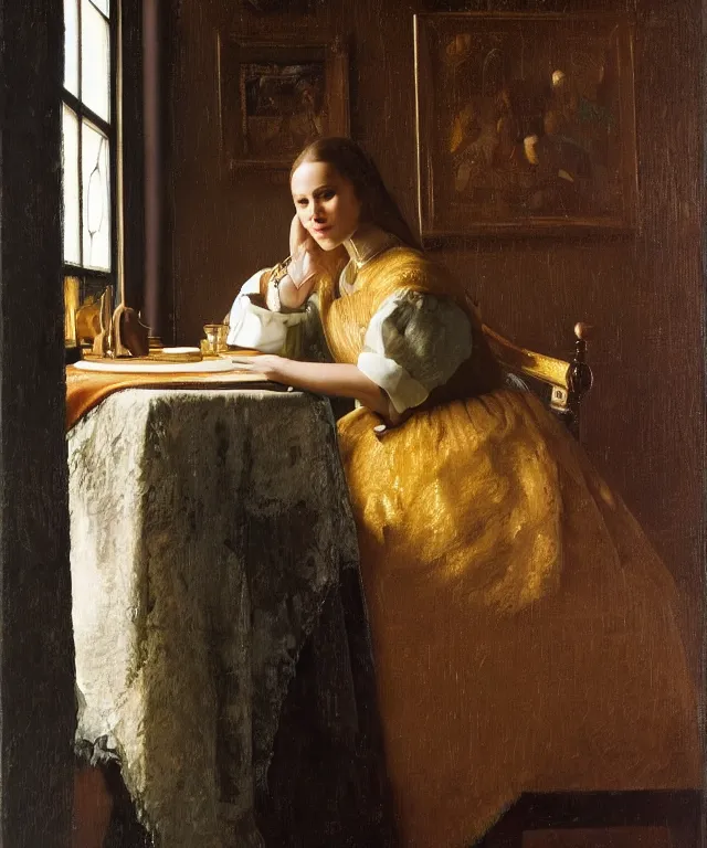 Image similar to a highly detailed, beautifully lit oil painting portrait of a pretty, young alicia jessica vikander alba sitting at a table by an open window, by vermeer