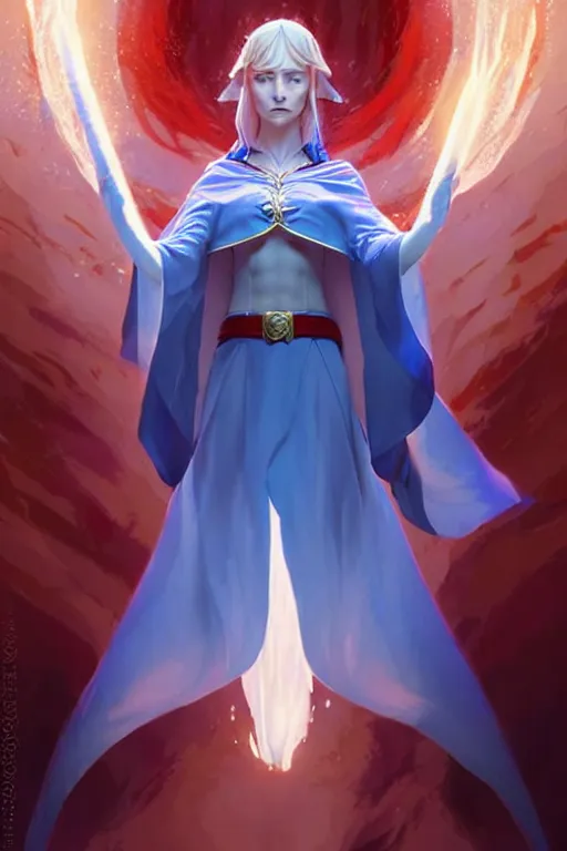 Image similar to elf female sorcerer doing water magic spells, blue robes, red hair, finely detailed perfect face, exquisite details, mid view, design on a white background, by studio muti, greg rutkowski makoto shinkai takashi takeuchi studio ghibli