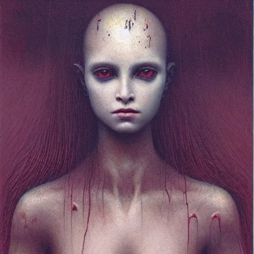 Image similar to portrait of ethereal young vampire princess in golden armour by Beksinski