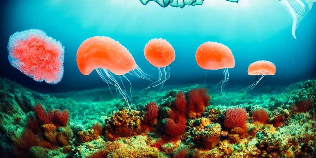 Prompt: full - length professional photo underwater coral reefe landscape wild nature with a transparent big flying jellyfish, ultra high detailed, volumetric lightning, photo by david doubilet