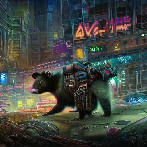 Prompt: a mechanical skunk cyborg polluting a post-apocalyptic city, digital art, highly detailed, intricate, sci-fi, neon colors, sharp focus, Trending on Artstation HQ, deviantart, unreal engine 5, 4K UHD image
