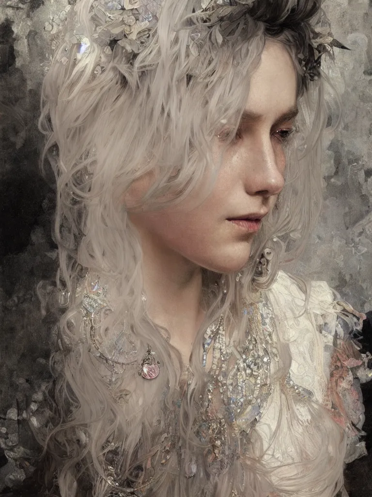 Image similar to a highly detailed beautiful white haired woman, adorned with precious stones, intricate line drawings by jeremy mann and alphonse mucha, 8 k resolution, trending on artstation, very very detailed, masterpiece, stunning,