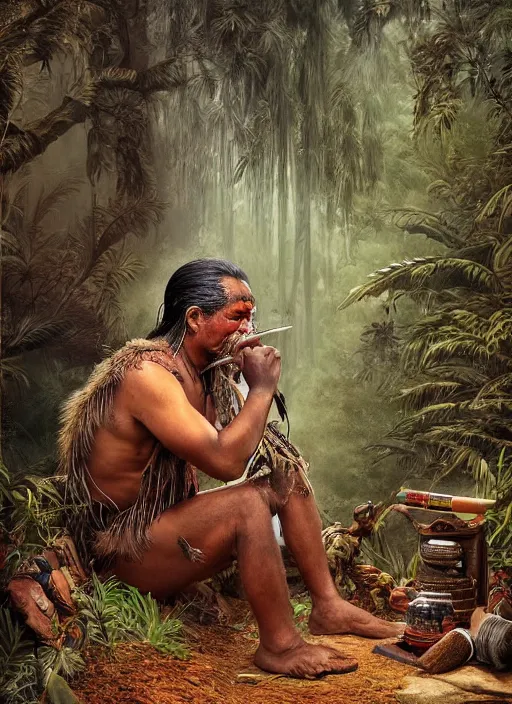 Image similar to a beautiful portrait of an indigenous man sitting in the jungle, surrounded by smoke, smoking a pipe, praying with tobacco, mysterious atmosphere, fantasy art, matte painting, highly detailed