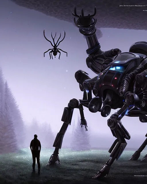 Prompt: Epic sci-fi Art depicting a deer grazing in the forrest with a giant spider robot in the background by John Stephans Hyper detailed digital matte painting, concept art, hyperrealism, Cinema 4D, 8k resolution, 64 megapixels, coherent, bokeh, CGSociety, ZBrush Central, behance HD, hypermaximalist, a masterpiece, 4K