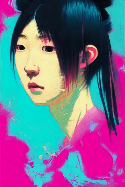 Image similar to portrait of a stylized japanese young in love, painted in acrylic, pigment textures, in the colors hot pink and cyan, beautiful realistic face, rule of thirds, spotlight, by greg rutkowski, by jeremy mann, by francoise nielly, by van gogh, by ross tran, in focus