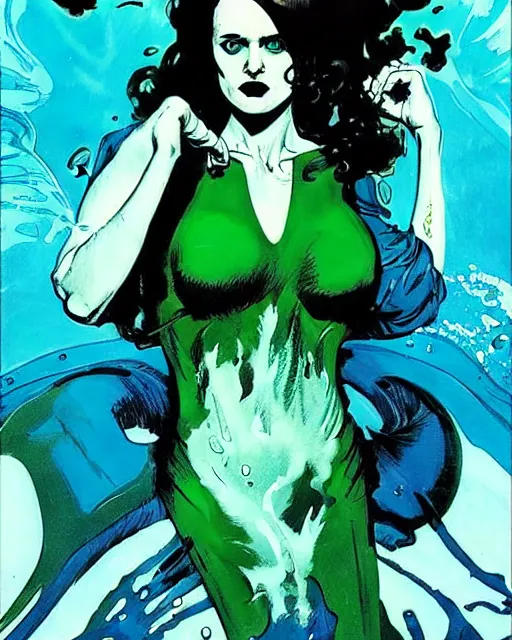 Image similar to Rafael Albuquerque comic book art, Norman Rockwell, pretty pale female Evan Rachel Wood, water demon, sharp teeth, long blue hair, full body, blue and green, underwater