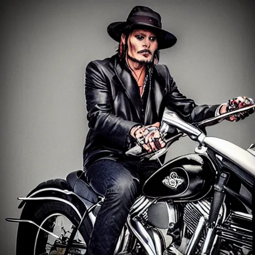 Prompt: a beautiful portrait of Johnny Depp riding a motorcycle