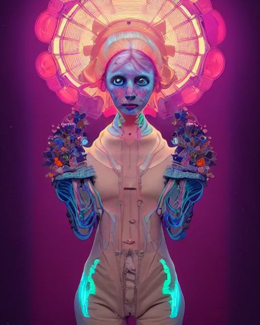 Image similar to an asymmetrical portrait of a bioluminescent patchwork doll, highly detailed, digital painting, cinematic, hyperrealism, dark retrowave, art by stanley lau and artgerm and magali villeneuve and alphonse mucha, artstation, octane render, cgsociety, james jean, victo ngai, david rubin, mike mignola, laurie greasley