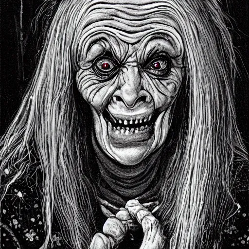 Prompt: an extremely haggy hag of a hag an ugly, repulsive old woman: often with implication of viciousness or maliciousness; an evil spirit, dæmon, or infernal being, in female form; woman supposed to have dealings with Satan and the infernal world; a witch; sometimes, an infernally wicked woman, ultra realistic
