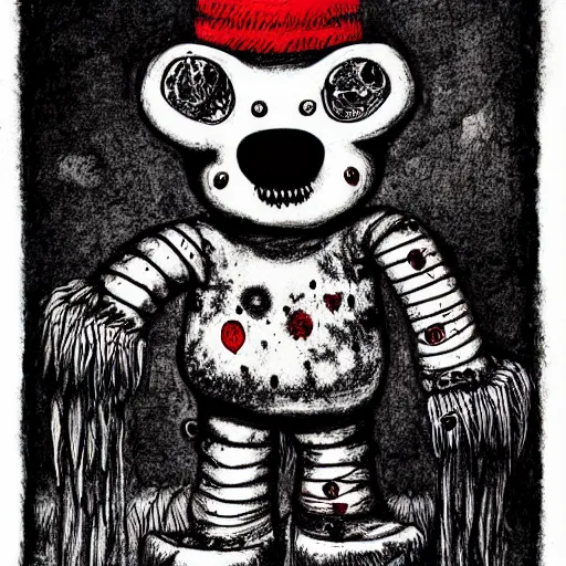 Prompt: dark art cartoon grunge drawing of a teddy bear with bloody eyes by - loony toons style, horror theme, detailed, elegant, intricate