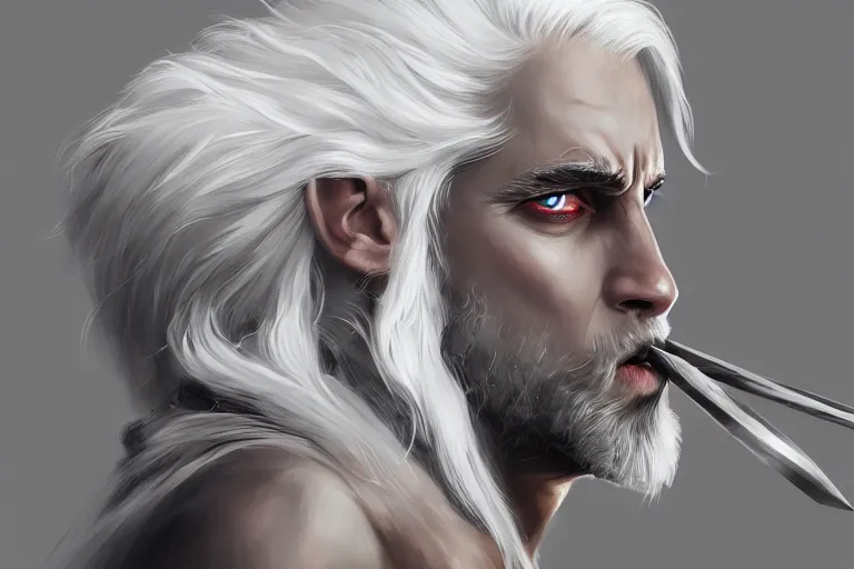 Image similar to « man, white hair, eyes as a flame of fire and out of his mouth came a sharp two - edged sword, grim - lighting, high - contrast, intricate, elegant, highly detailed, digital painting, artstation, concept art, smooth, sharp focus, illustration »