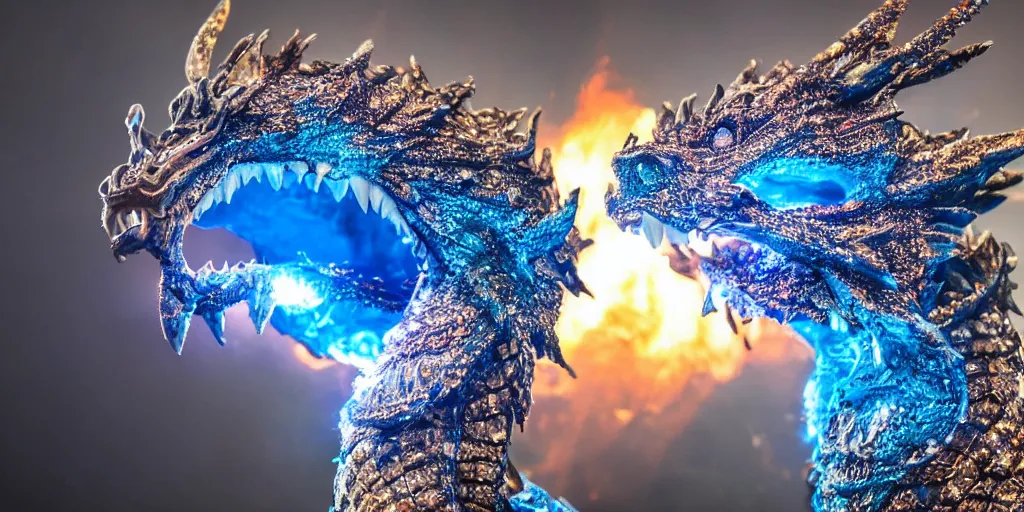 Prompt: a close-up photo of a diamond-scaled dragon breathing bluish fire, award-winning photography, dramatic lights, 8K UHD