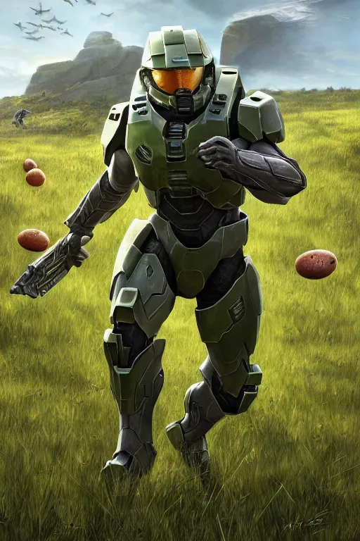 Prompt: master chief from halo 3 picking up easter eggs, easter, grass, oil on canvas, intricate, portrait, 8 k highly professionally detailed, hdr, cgsociety