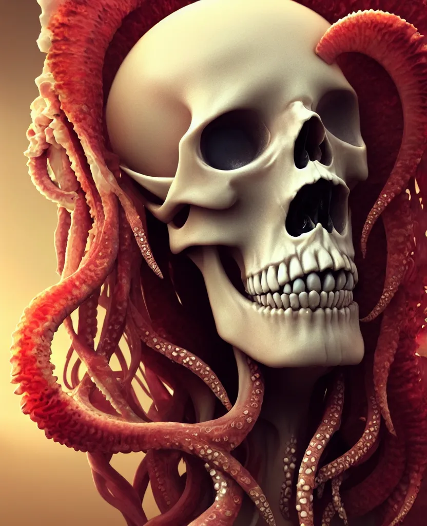 Image similar to goddess close - up portrait human skull, ram skull, squid phoenix jellyfish, orchid, betta fish, bioluminiscent, intricate artwork by tooth wu and wlop and beeple. octane render, trending on artstation, greg rutkowski very coherent symmetrical artwork. cinematic, hyper realism, high detail, octane render, 8 k