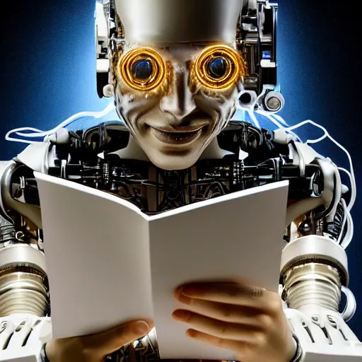 Prompt: a beautiful intricate fine art portrait photo of a happy mechanical futuristic cybernetic humanoid reading a letter of admission held in hands, by anna dittman and zach sutton, eyes light up, happiness!, perfection!, studio lighting, golden ratio composition, 50mm lens, bionic, cybernetic scifi, deep depth of field, artstation, 8K