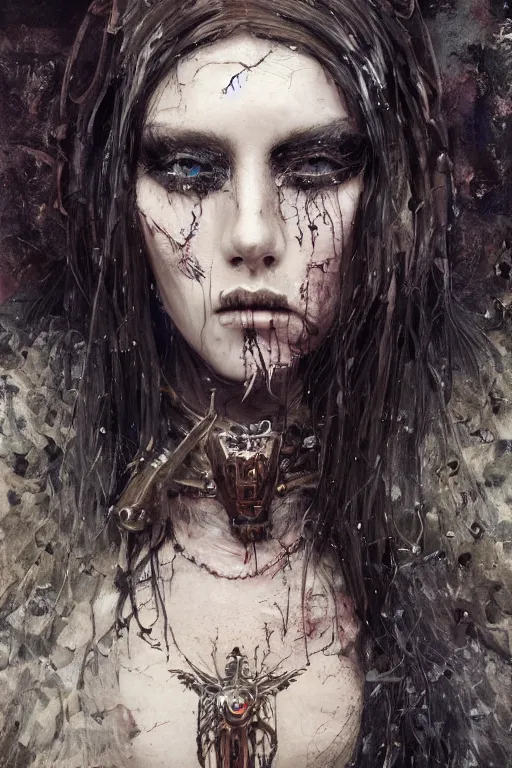 Image similar to portrait of beautiful young gothic maiden, cyberpunk armor, a lot of scars, warhammer, highly detailed, artstation, illustration, art by gustav klimt