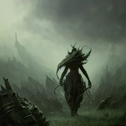 Image similar to The Biggest Boss in Elden Ring, fullbody, intricate, demonic, video game art, highly detailed, artstation, green field with village ruins, concept art, smooth, sharp focus, illustration, art by greg rutkowski and orientalism and bouguereau and Zdzislaw Beksinski, good clear quality, lighting, biology, symmetrical artwork, perfect face, 135 mm, cinematic, hyper realism, high detail, octane render, 8k, chrome accents