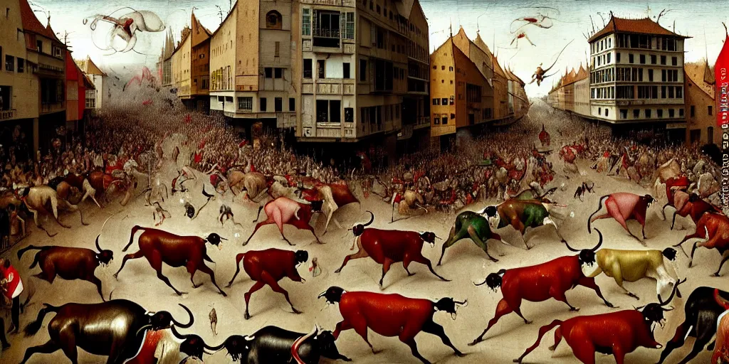 Image similar to the running of the bulls in pamplona, hundreds of people are fleeing from rampaging bulls in the city streets, art by hieronymus bosch, intricate, elegant, highly detailed, smooth, sharp focus, artstation