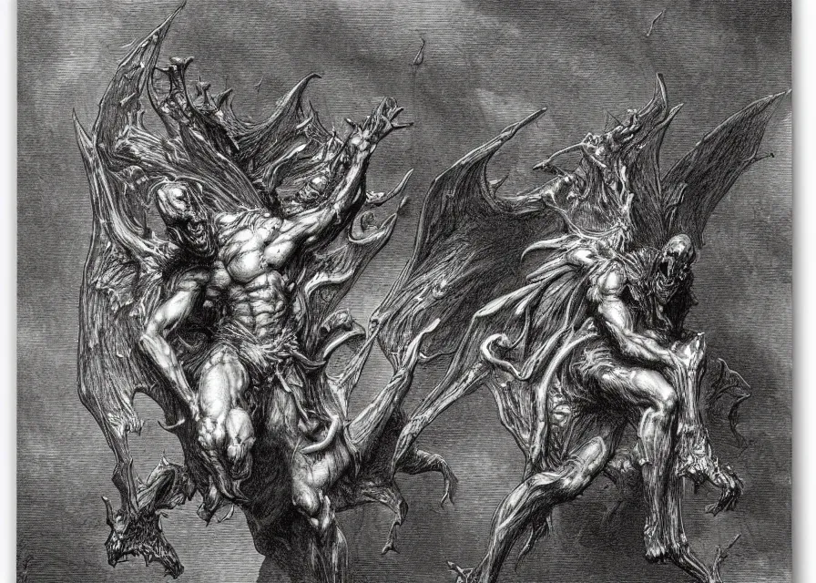 Prompt: gargoyle demon, pencil illustration by Gustave Dore