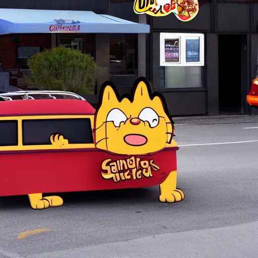 Image similar to garfield the cat driving car into side of pizzeria