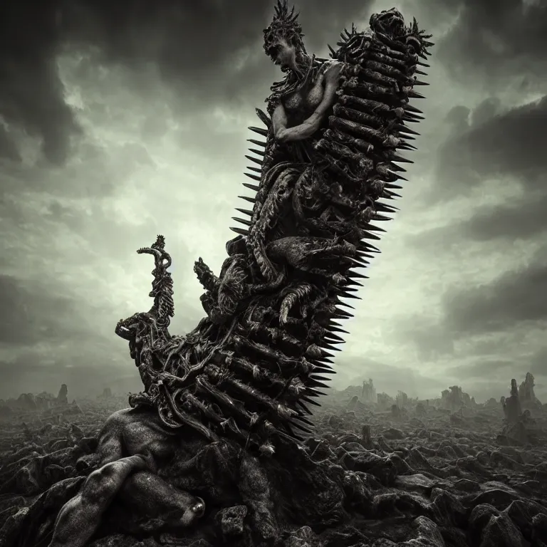 Prompt: surreal greek spine spinal statue covered with spikes, dark dramatic clouds, surreal abandoned buildings, dream-like heavy atmosphere, baroque painting, beautiful detailed intricate insanely detailed octane render trending on Artstation, 8K artistic photography, photorealistic, dramatic volumetric cinematic light, chiaroscuro, Raphael, Caravaggio, Beksinski, Giger